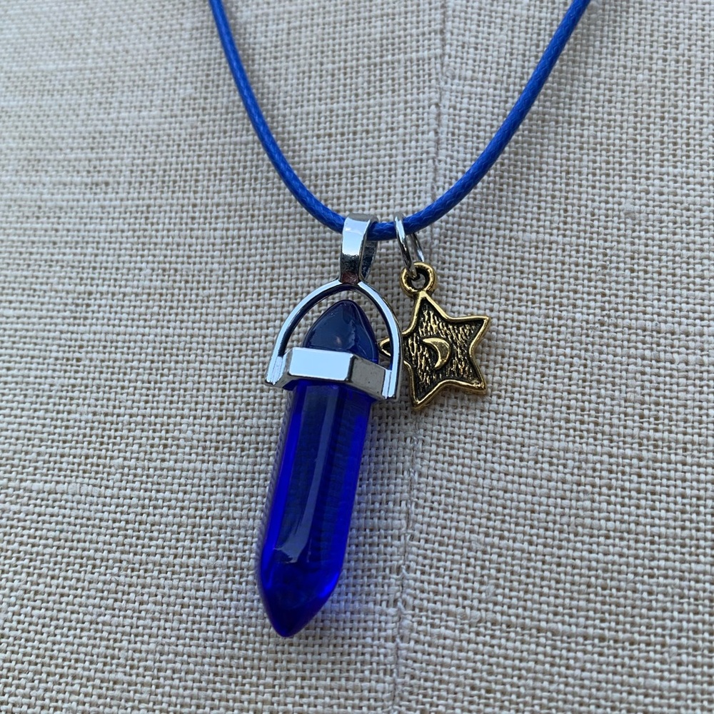 Handmade Cobalt Blue Resin Crystal Moon & Star Amulet Necklace